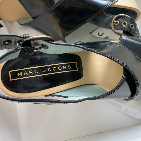 Marc Jacobs Linda Crisscross Sandal Wooden Clogs, Black Spazzolato Leather, 38 - Picture 3 of 7